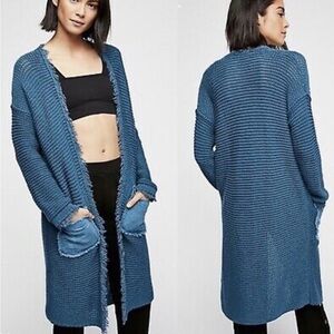 FREE PEOPLE Woodstock Knit
Duster Cardigan Sweater, Teal Blue, Size M